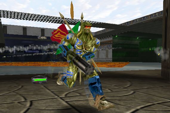 A blue bot carries the red and green flags into the gold base