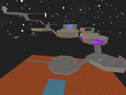 The platforms of DM-EvilSkyPad 
 stretch out across space, over a lava pit