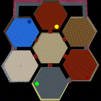 A view from above down to the seven hexagonal
  chambers of CTFM-7Hexagons, with flagbases highlighted