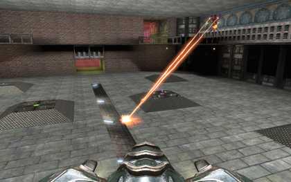 Screenshot of a dark walker firing down 
   into the central plaza, near the glass floor